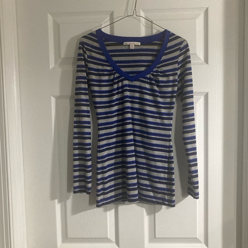 Gray with Blue and Black Stripes, Size M, Juniors Long Sleeve Tee